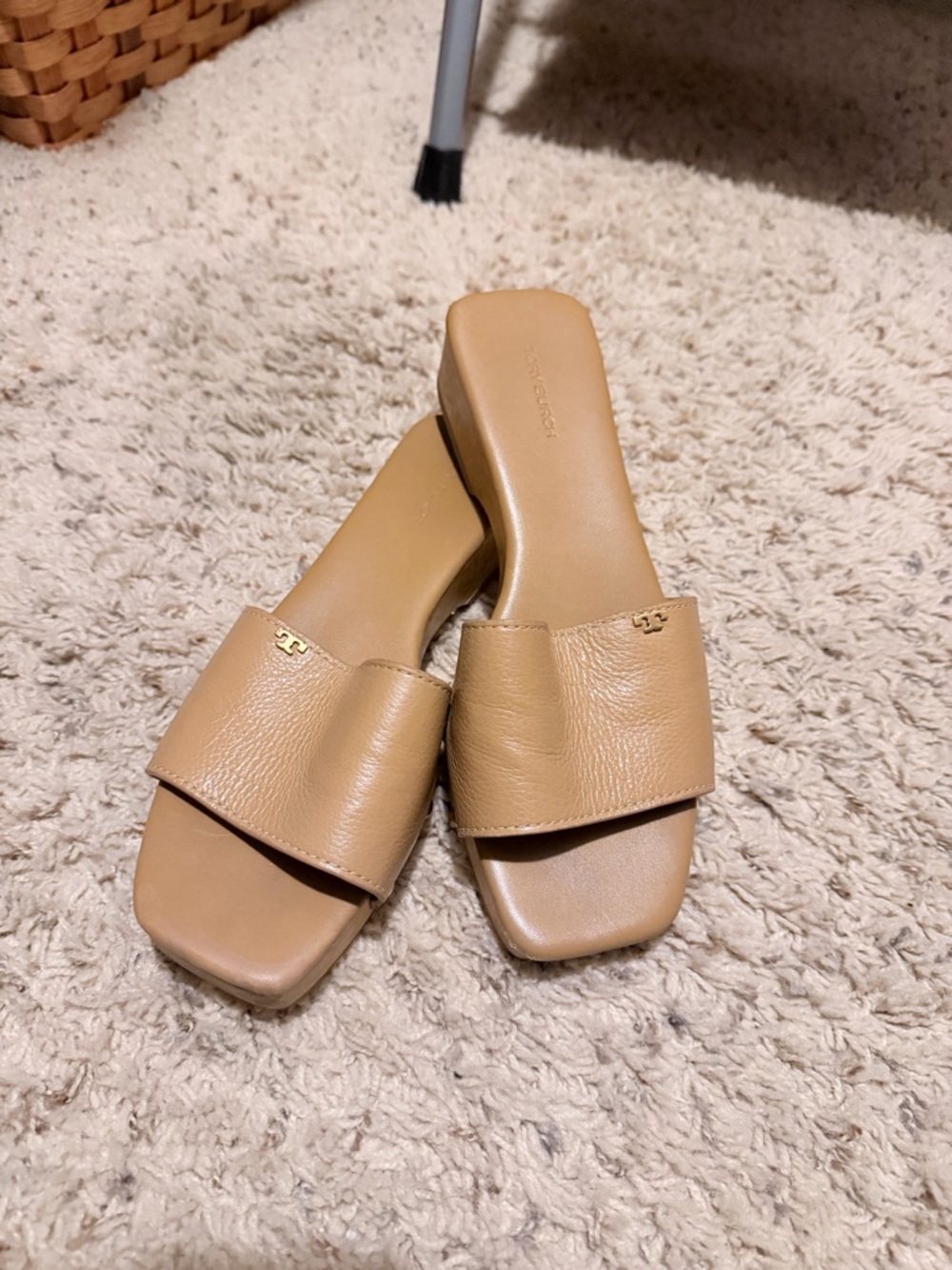 Tory Burch Beige/Tan Leather Slide Mules with Gold Logo